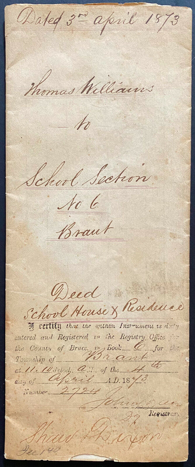 Historic 1873 Deed School House + Residence Town Brant Ontario Thomas Williams