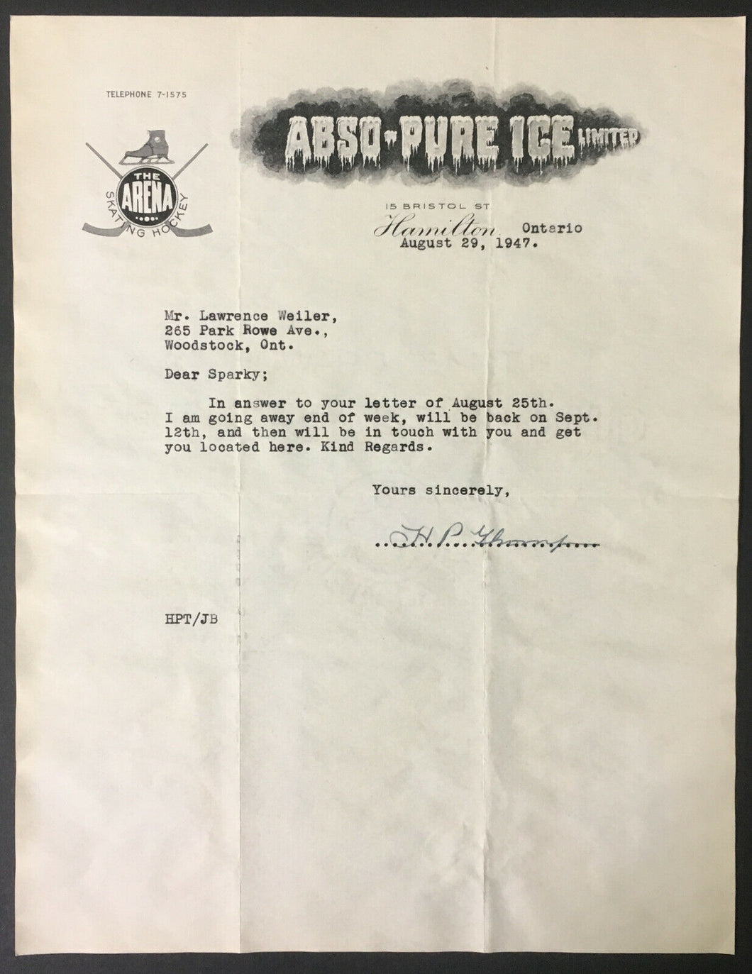 1947 Hamilton Ice Hockey Arena Letter Ontario Sports ABSO Pure Ice Limited