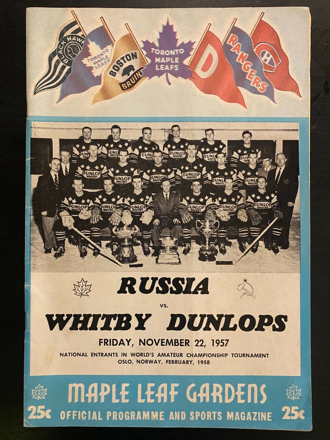 1957 MLG Hockey Program Whitby Dunlops vs Moscow Selects + Ticket Vintage Rare