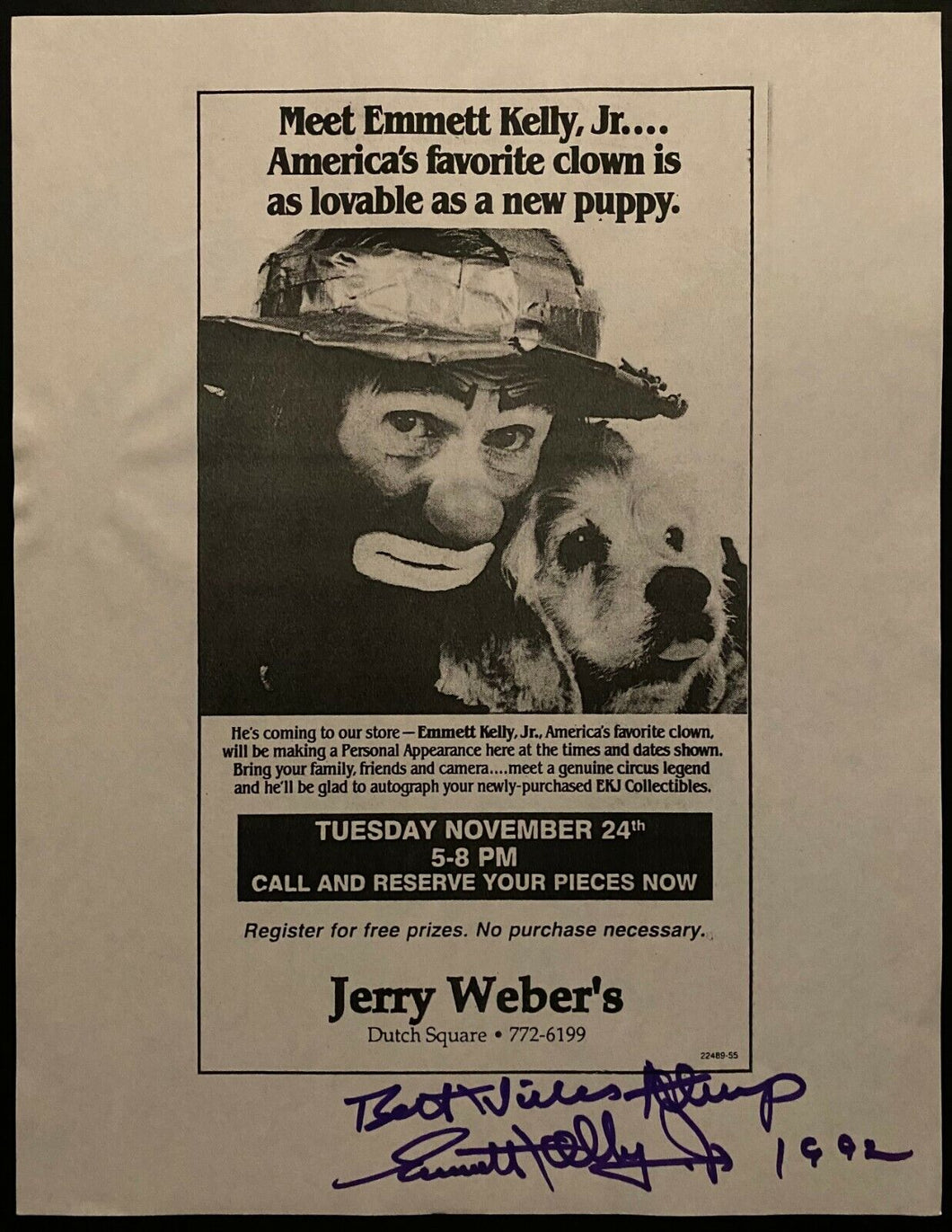 1992 Signed Vintage Emmett Kelly Junior Autographed Clown Performance Flyer JSA