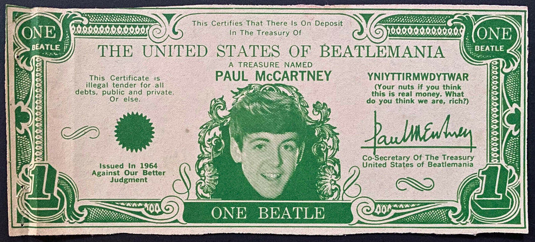 1964 Paul McCartney United States Of Beatlemania $1 Bill Beatles Novelty Fab 4