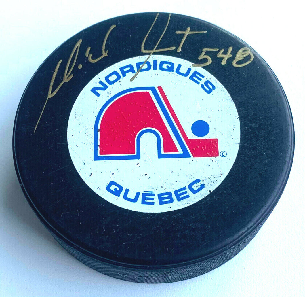 Michel Goulet Signed Quebec Nordiques NHL Hockey Puck Autographed Trench MFG