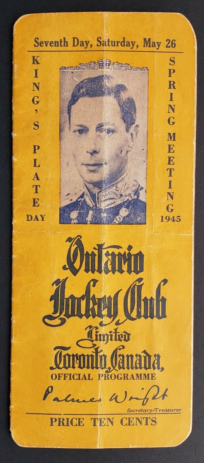 1945 Woodbine Racetrack Very Rare King's Plate Program - Won By Uttermost