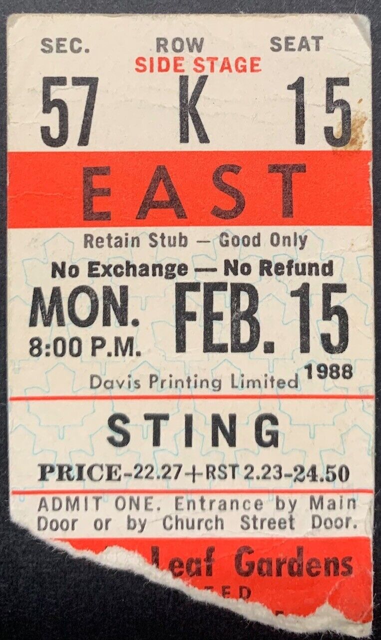 1988 Sting Concert Maple Leaf Gardens Ticket Stub Feb 15 Live Music Rock & Roll