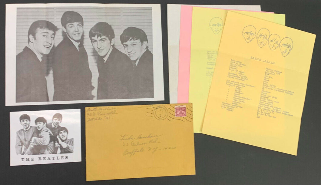 1964 The Beatles London Fan Club Item Lot Biographies + Photo Postcard + Mailer