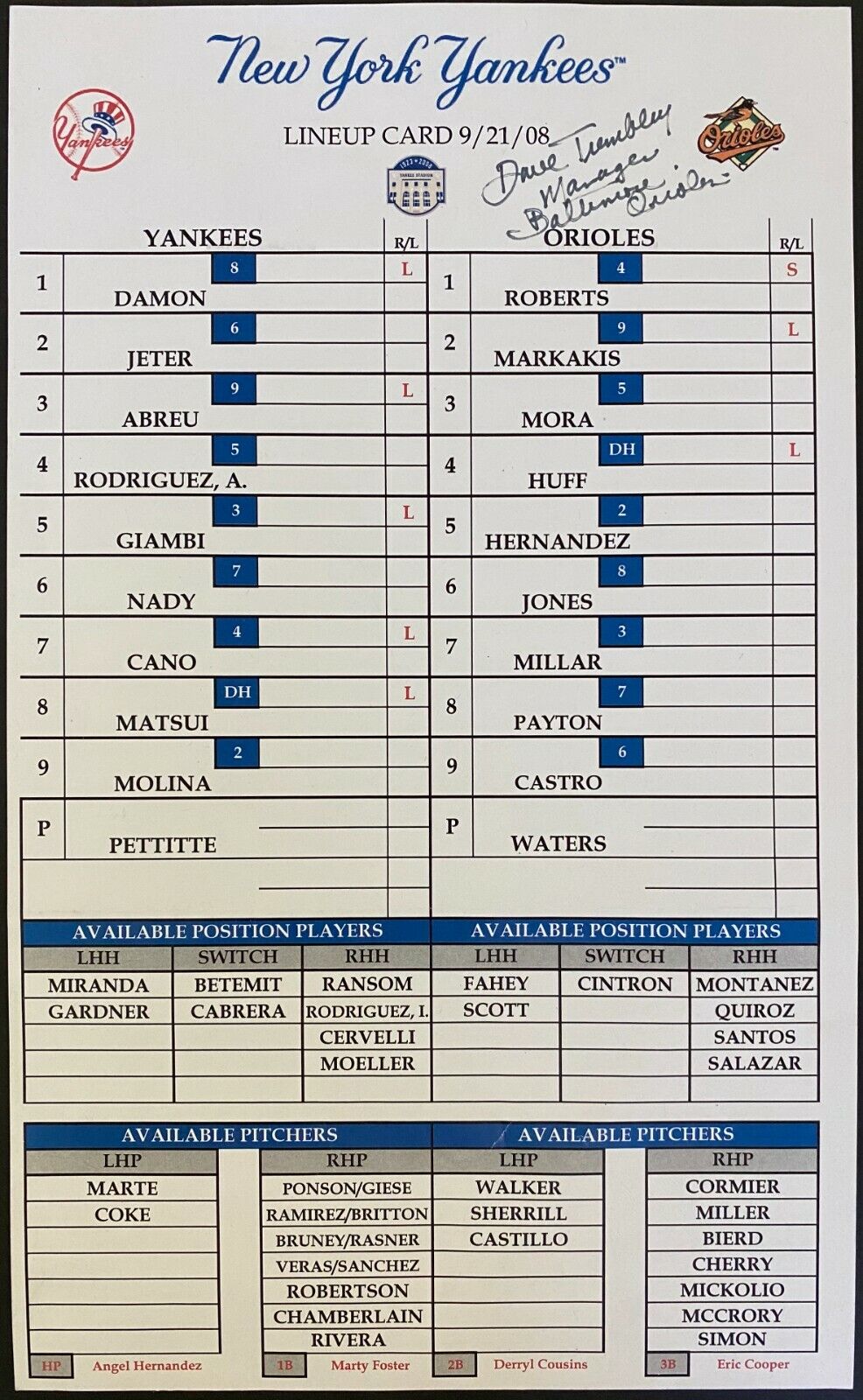 2008 New York Yankees Original Final Game Lineup Card Signed Dave Trembley LOA