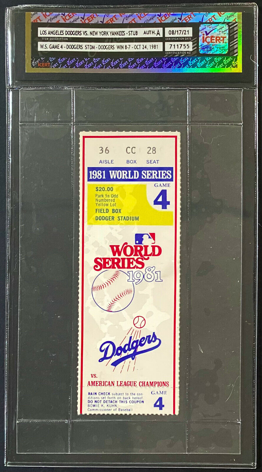 1981 World Series Ticket Game 4 Dodgers Stadium Yankees vs Dodgers iCert Auth