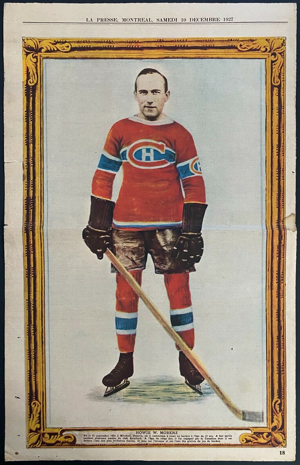1927 Howie Morenz La Presse Photo Insert Montreal Canadiens NHL Hockey Vintage
