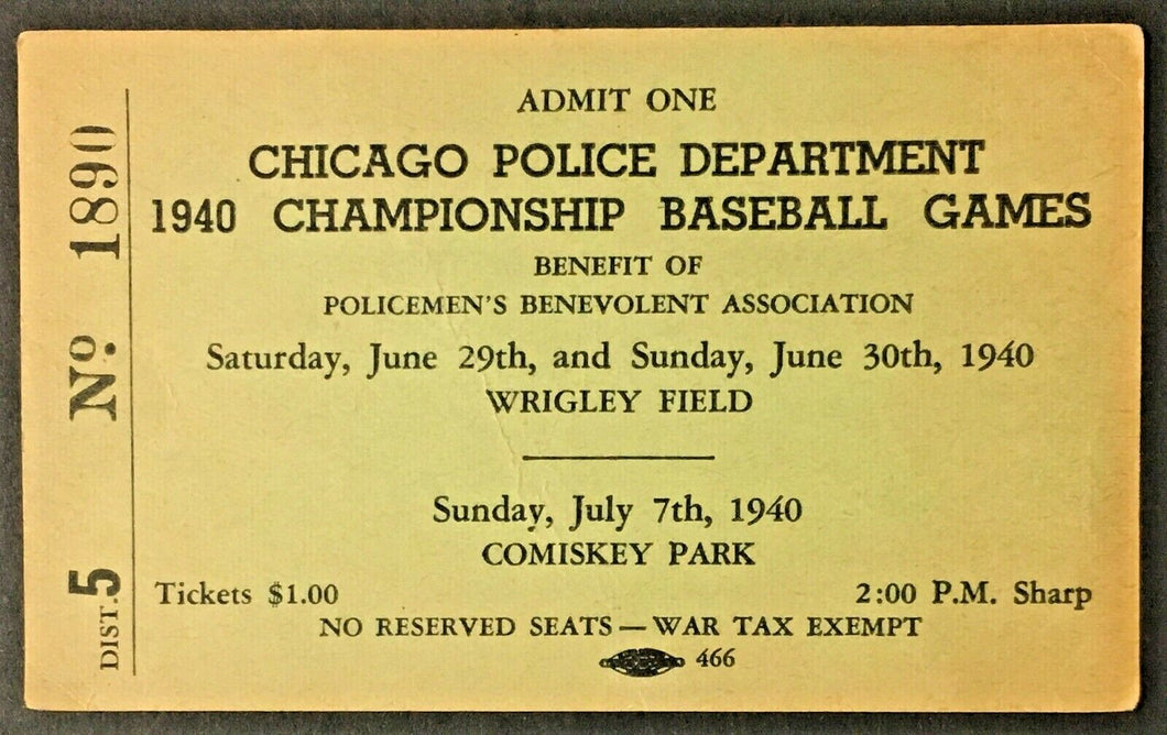 1940 Comiskey Park Wrigley Field Chicago Police Championship Baseball Game Pass