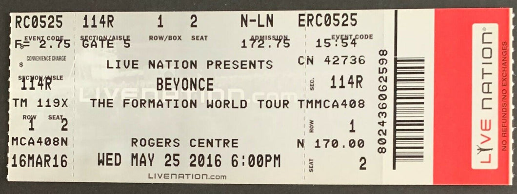 May 25 2016 Beyonce Full Unused Ticket Air Canada Centre