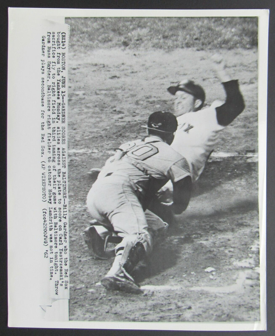 1962 Fenway Park MLB Baseball Wire Photo Red Sox vs Orioles - Billy Gardner Vtg