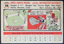 Load image into Gallery viewer, 1956 Topps Baseball Camilo Pascual #98 Washington Nationals MLB Card Vintage
