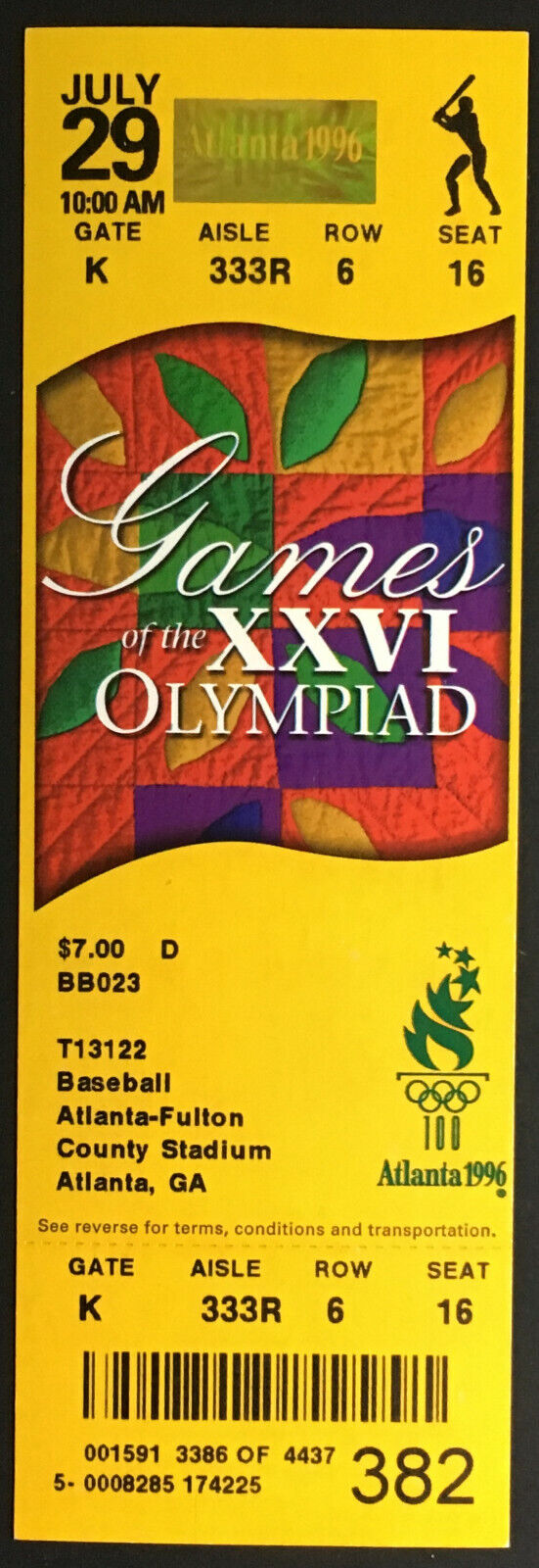 1996 Atlanta Summer Olympics Baseball Ticket Netherlands + Italy Fulton County