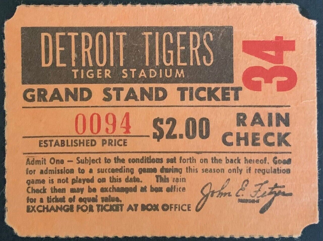 1968 Detroit Tigers Grand Stand Ticket Stub Tiger Stadium MLB Baseball Vintage