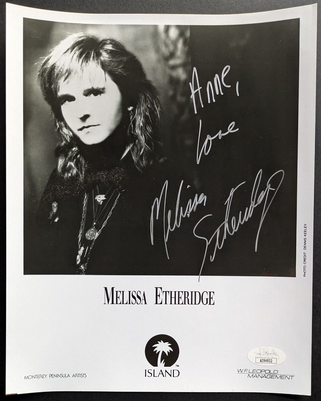 Melissa Etheridge Autographed Promotional Photo Signed American Singer JSA