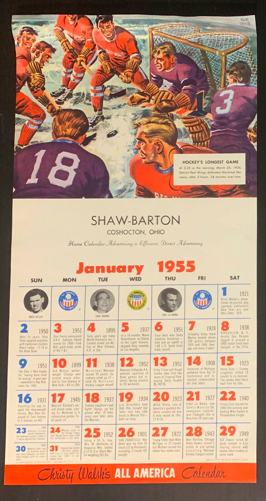 01/1955 Christy Walsh's All America Calendar Celebrates Hockey's Longest Game