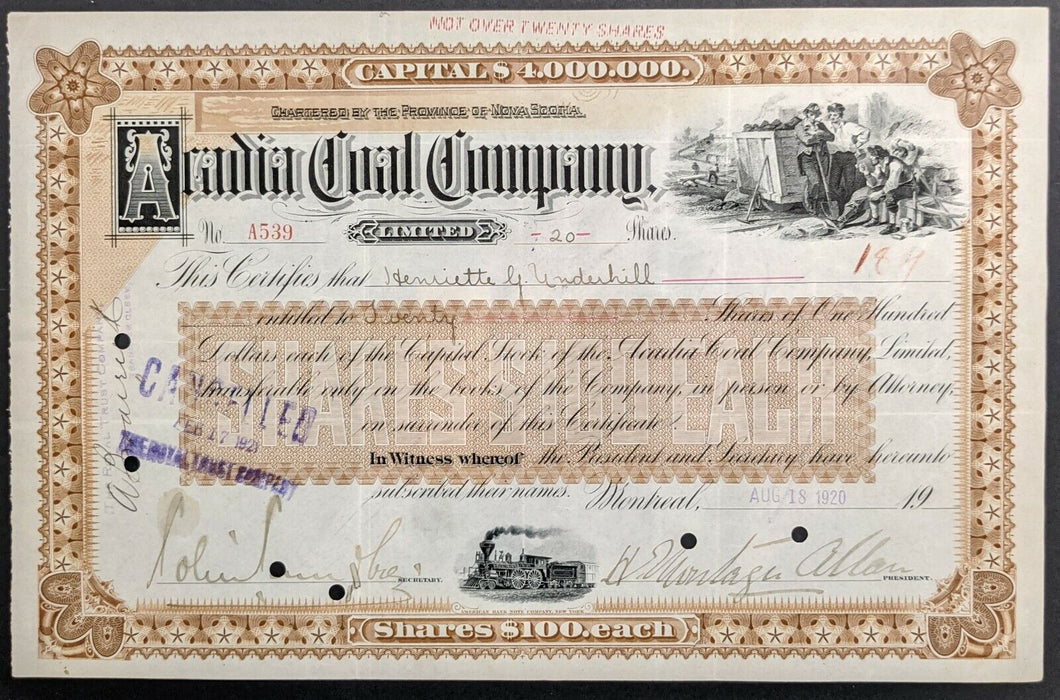 1920 Sir Montagu Allan Signed Share Certificate Front + Back Hockey Allan Cup