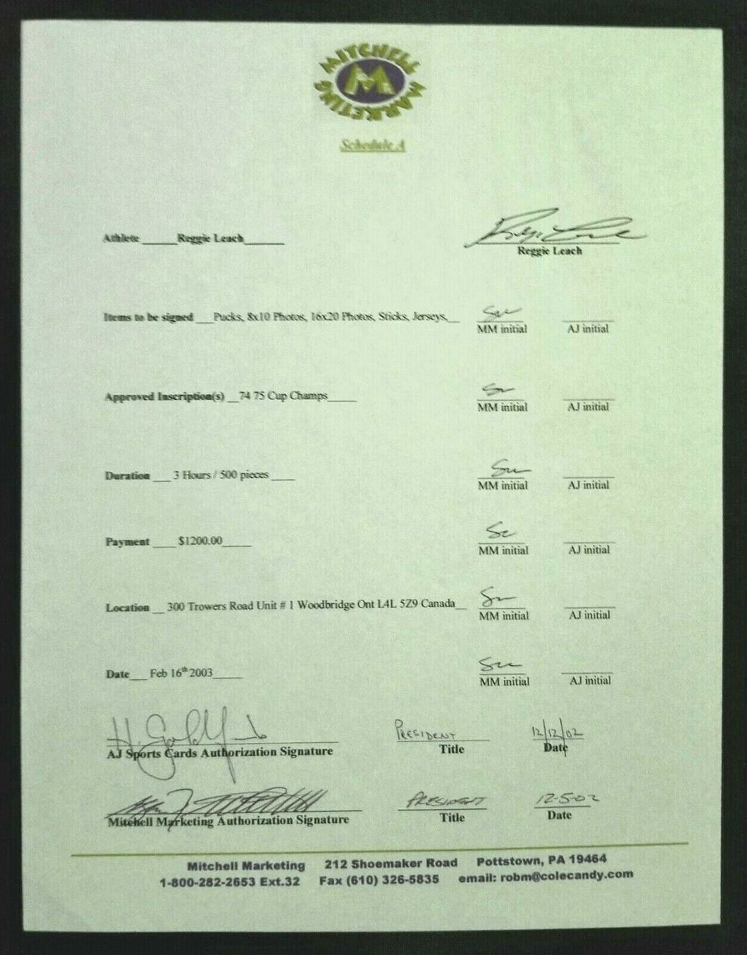 2002 Reggie Leach Signed Contract Mitchell Marketing Autograph Appearances LOA