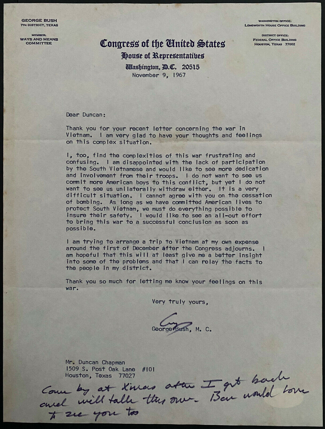 1967 George H.W. Bush Signed Letter + Post Script USA Politics Presidential JSA