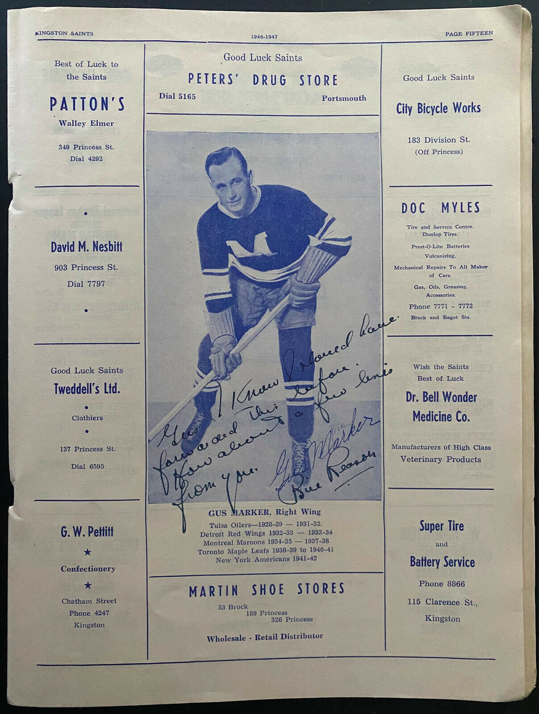 1946 Kingston Saints Gus Marker Hockey Program Bill Reason Signed + Inscribed