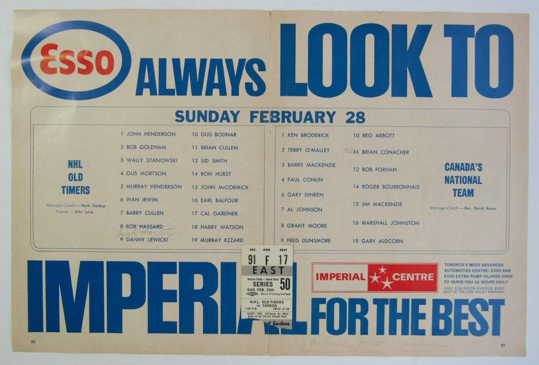 1965 Maple Leaf Gardens NHL Old-Timers vs Team Canada Lineup Sheet + Ticket Stub