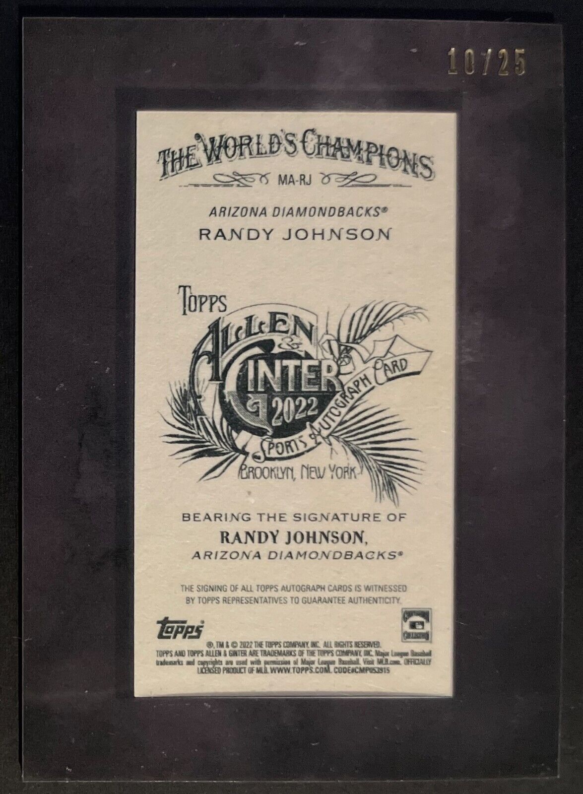 Randy Johnson Autographed Topps 2022 Allen & Ginter 10/25