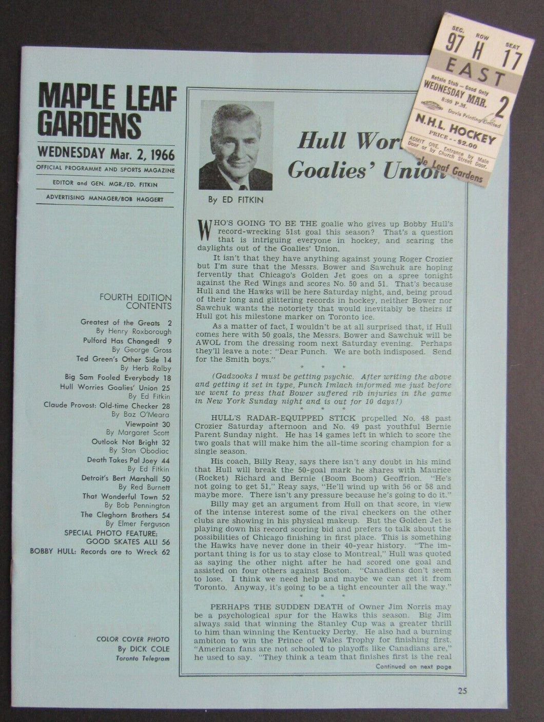 1966 Maple Leaf Gardens NHL Program Insert + Ticket Stub - Toronto vs Montreal