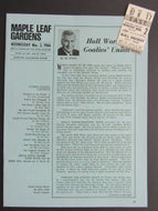 1966 Maple Leaf Gardens NHL Program Insert + Ticket Stub - Toronto vs Montreal
