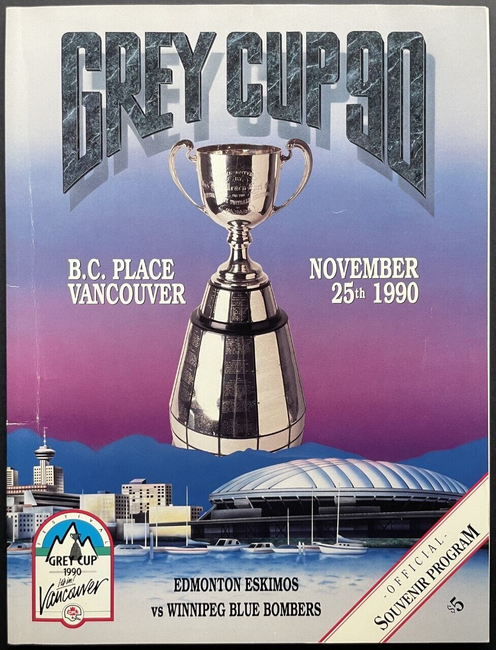 1990 CFL Grey Cup Vancouver Program Edmonton Eskimos vs Winnipeg Blue Bombers