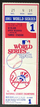 Load image into Gallery viewer, 1981 World Series Baseball Ticket Game 1 New York Yankee Stadium Vs Dodgers MLB
