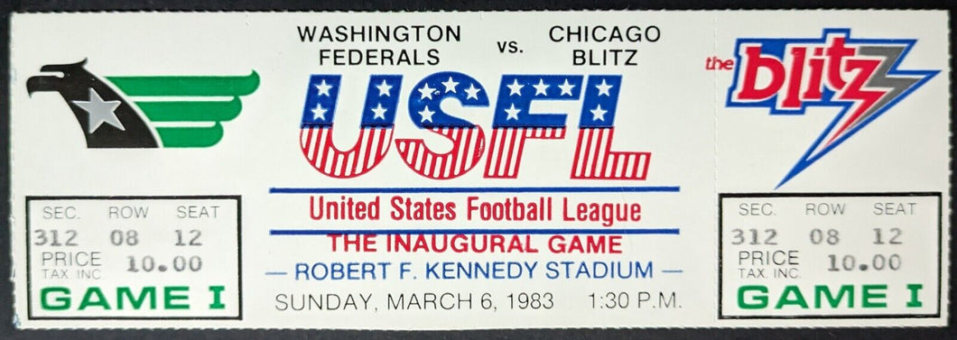 1983 Inaugural USFL Full Ticket Chicago Blitz v. Washington Federals RFK Stadium