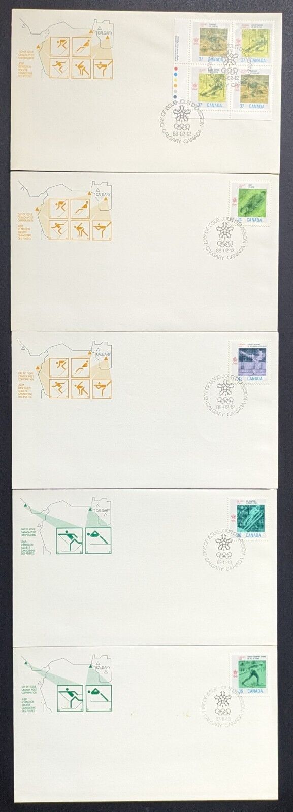 1988 Calgary Winter Olympics First Day Covers x5 XV Olympic Winter Games Vintage