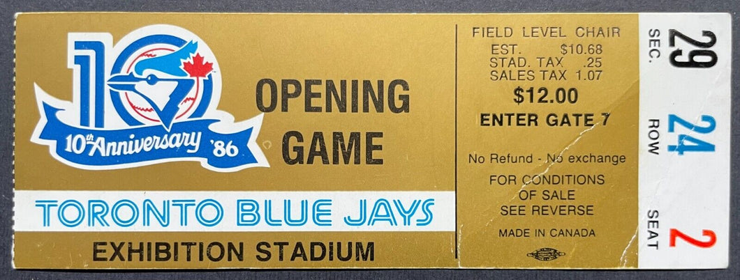 1986 Toronto Blue Jays 10th Anniversary Opening Day Ticket Stub Baseball MLB VTG
