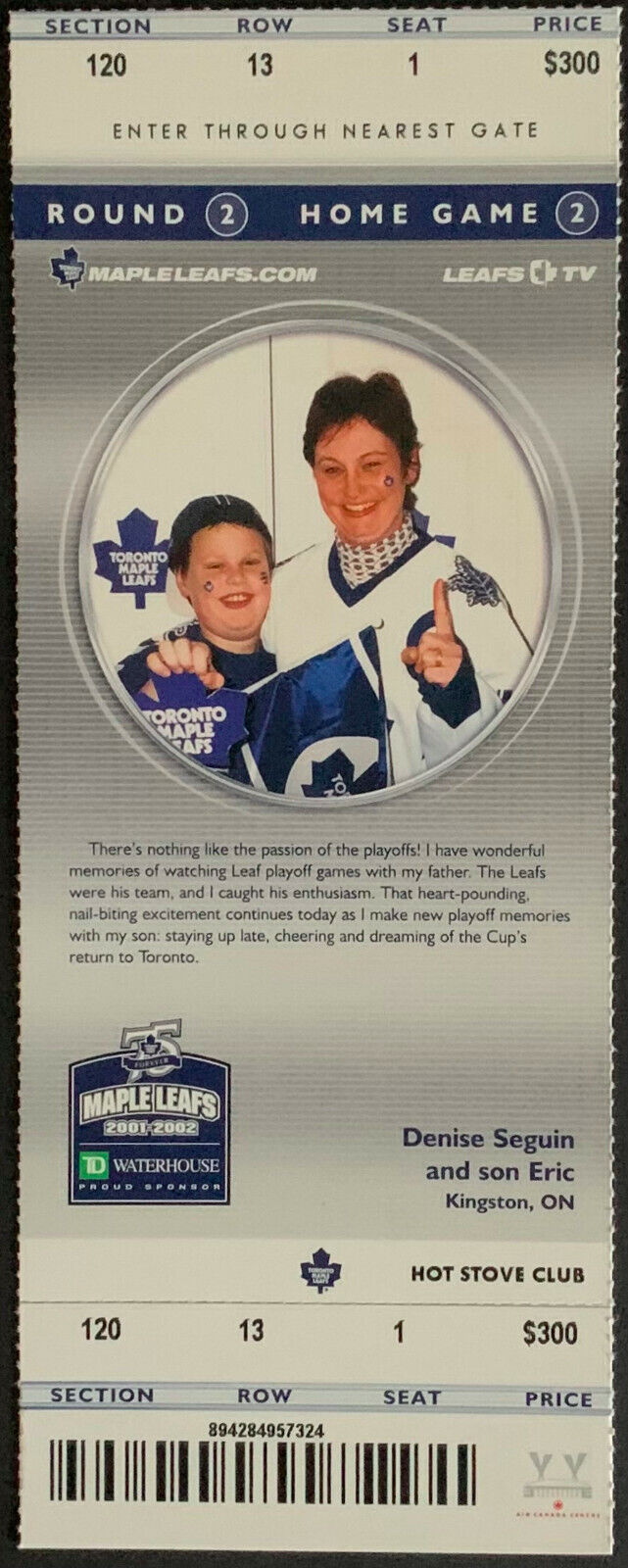 2002 NHL Playoff Ticket Semi Finals Game 2 2nd Longest In Leafs History 3 OTs