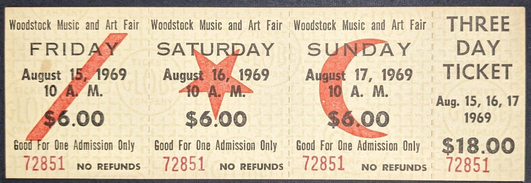 1969 Woodstock Music + Art Fair Original Concert Festival Full 3 Day Ticket Vtg