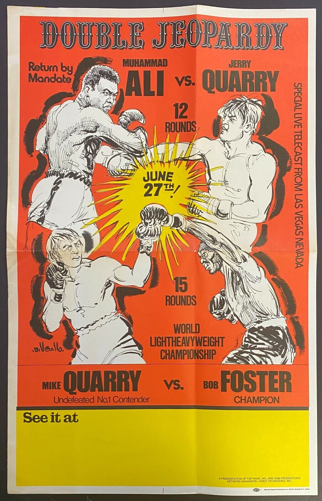 1972 Vintage Boxing Muhammad Ali Jerry Quarry Double Jeopardy Promotional Poster