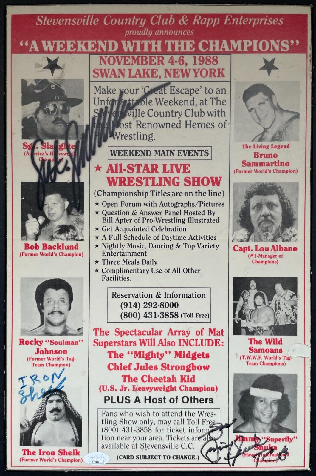 1988 Pro Wrestling Poster Signed Sgt. Slaughter Iron Sheik Jimmy Snuka JSA VTG