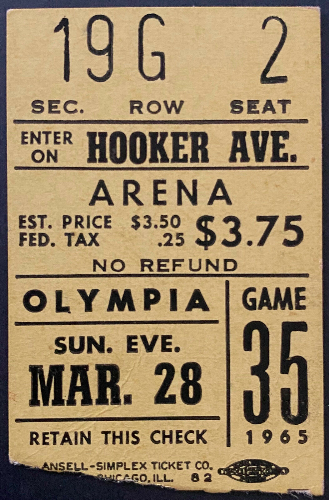 1965 Historic Detroit Red Wings vs Maple Leafs NHL Ticket Vezina Trophy Race