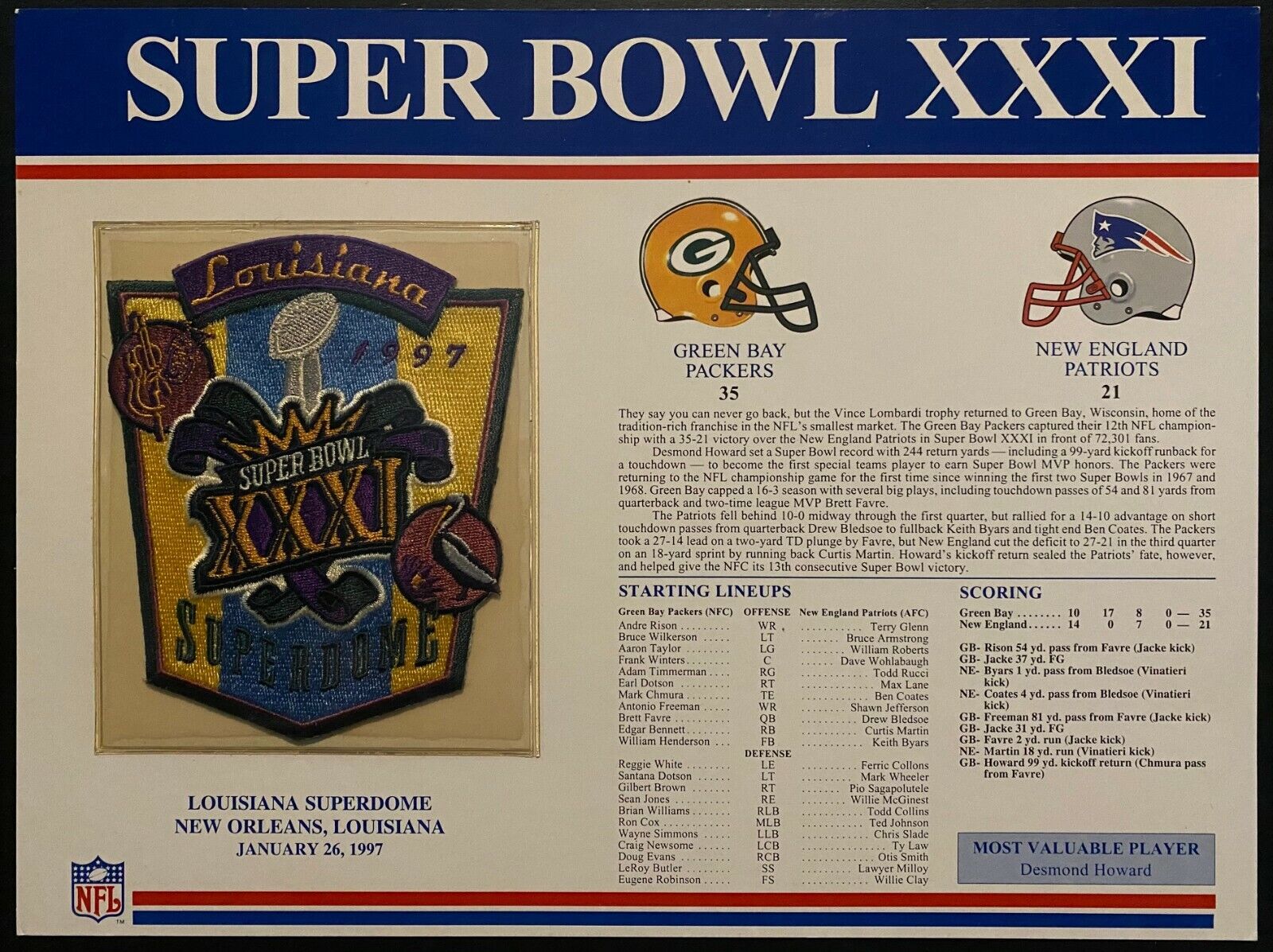 1997 NFL Football Super Bowl XXXI Patch Green Bay Packers New England –  Glory Days Sports