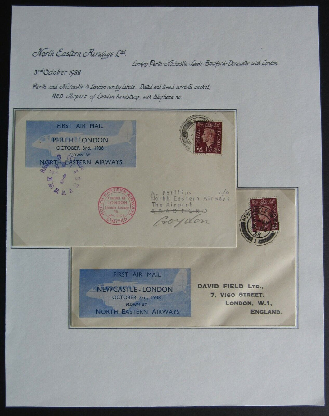 1938 2 First Air Mail Flight Covers From Perth & Newcastle To London Historical