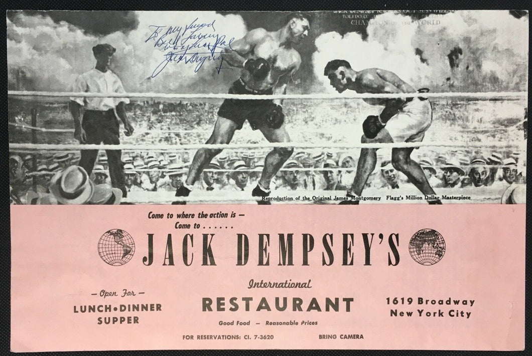 1974 Jack Dempsey Autographed Broadway New York City Menu Signed Boxing