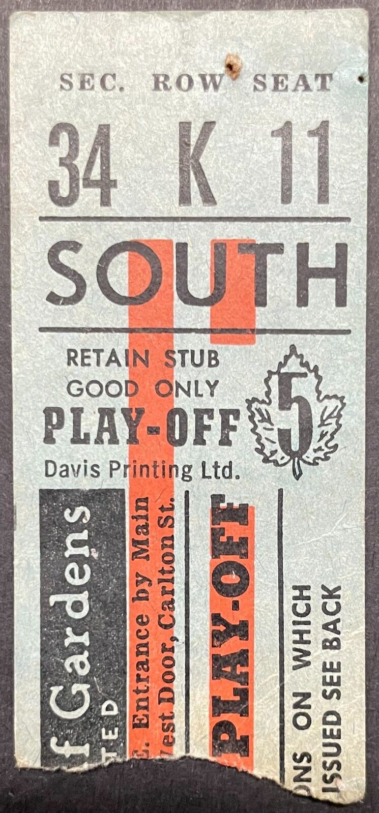 1962 Stanley Cup Final Game 1 Ticket Stub Toronto Maple Leafs Chicago Blackhawks