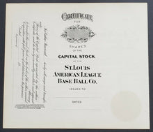 Load image into Gallery viewer, 1920s St Louis Browns American League Baseball Co. Unissued Stock Certificate
