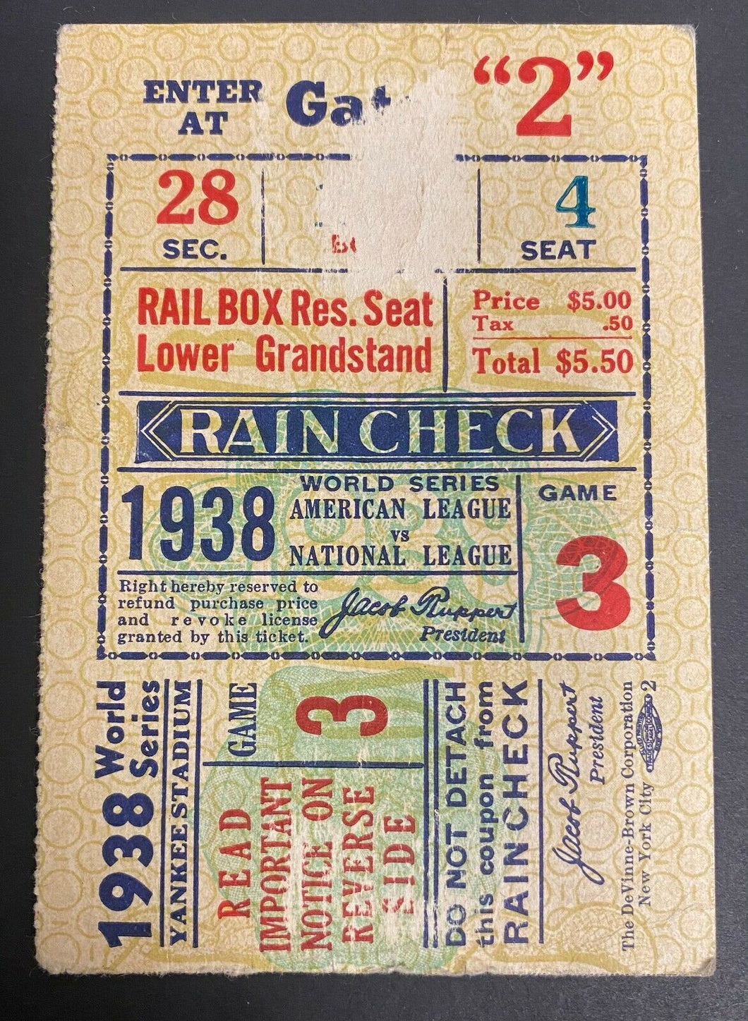1938 MLB Baseball World Series Game 3 Ticket New York Yankees Chicago Cubs