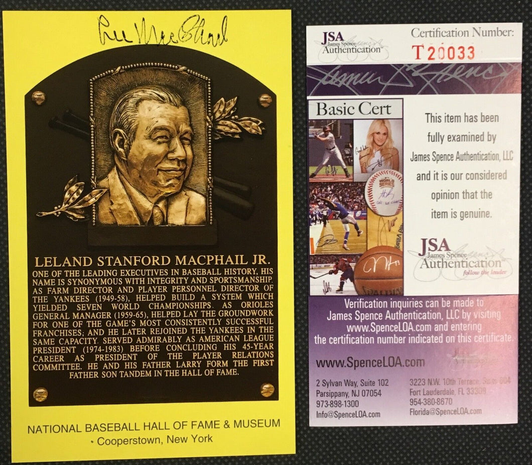 Lee MacPhail Signed Autograph Baseball Hall Of Fame Plaque Card JSA COA
