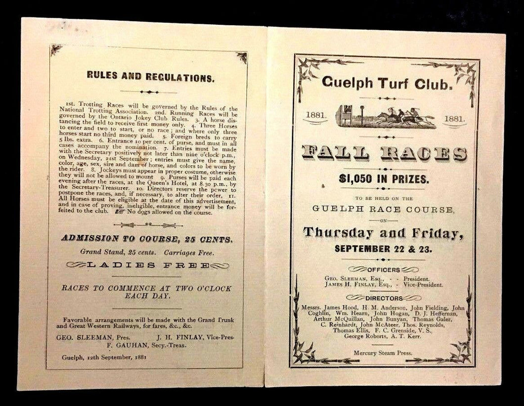 1881 Guelph Ontario Horse Racing Program Canadian Rare Turf Club Hosted Queens