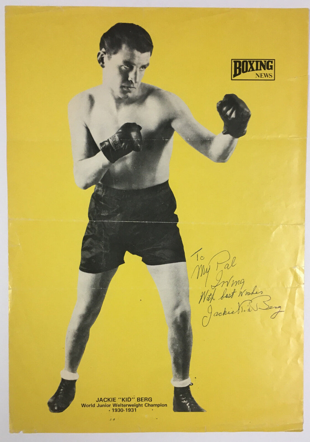 1930s Boxing News Poster Champion Jackie Kid Berg Autographed Signed To Ungerman