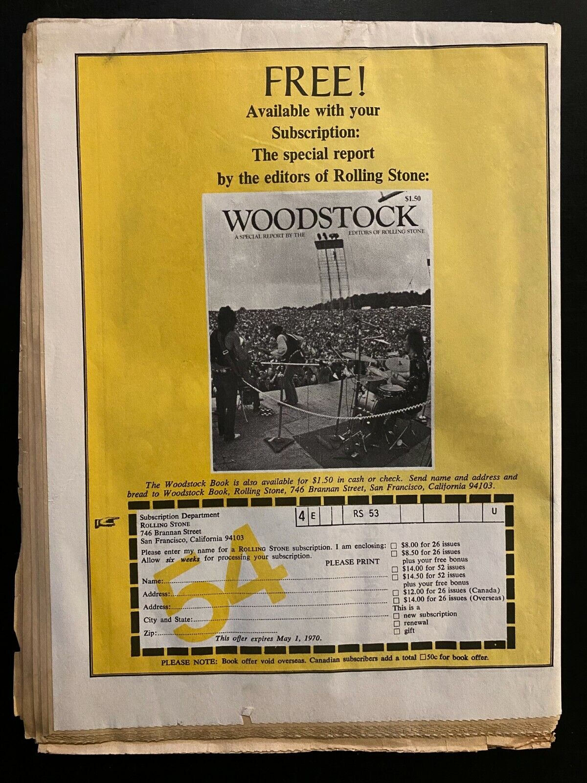 1970 Vintage Rolling Stone Magazine Issue No. 54 Sly and the