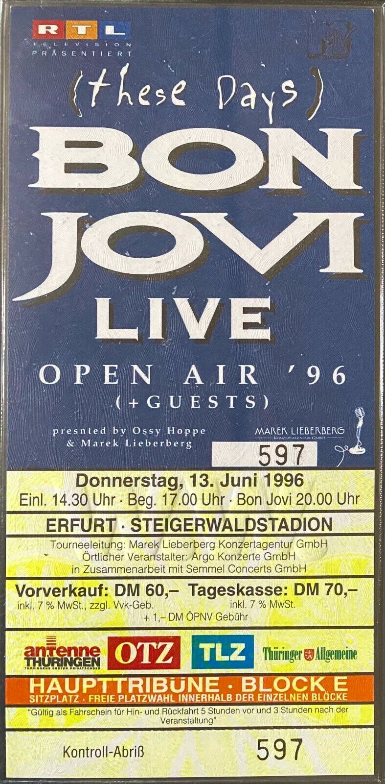 1996 Vintage Bon Jovi These Days Open Air Concert Ticket Erfurt