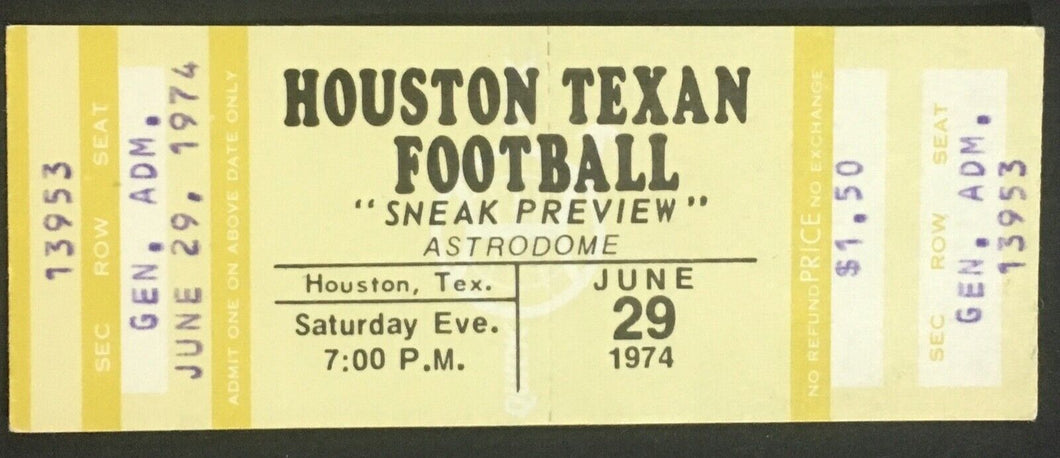 1974 Houston Texans Full Ticket Sneak Preview Astrodome WFL 1st Season